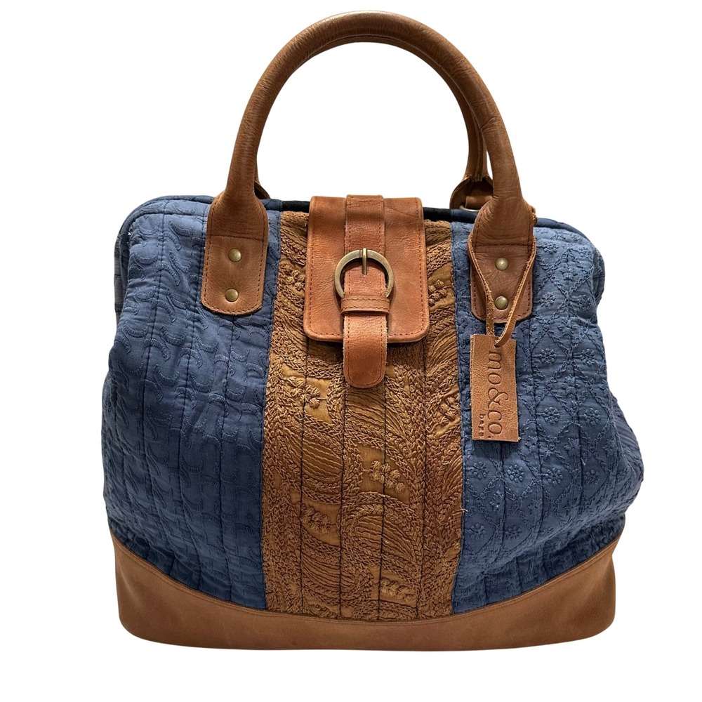 Anthro Mo&Co Bags Blue Tan Quilted Cotton Leather Trim Embroidered Doctor Bag